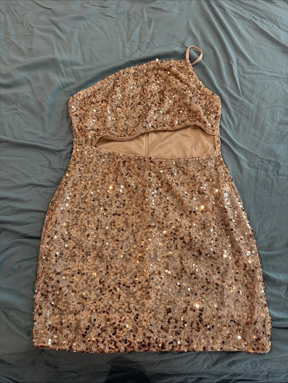 SHEIN One-Shoulder Sequin Mini Dress in Champagne